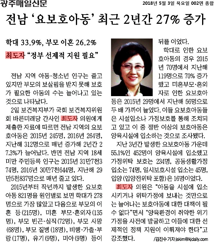 광주매일신문_전남 ‘요보호아동’ 최근 2년간 27% 증가_2018-05-03.jpg