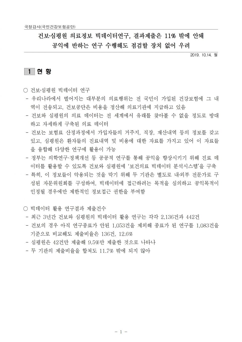 1.건보_의료정보 빅데이터연구, 결과제출은 11% 밖에 안돼_191014_F001.jpg