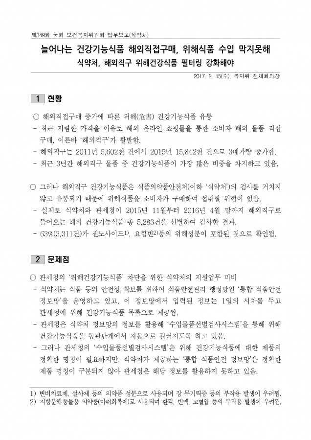 질의서_늘어나는 건강기능식품 해외직접구매, 위해식품 수입 막지못해_170215001.jpg