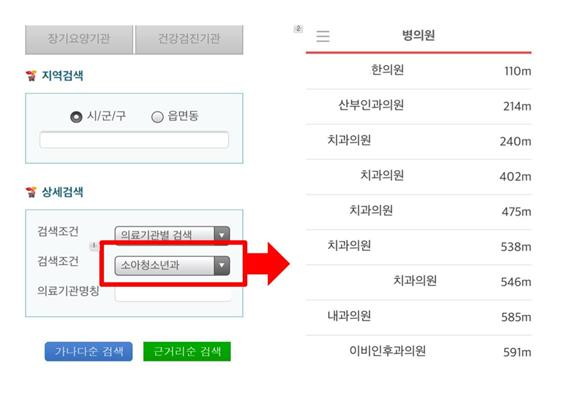 M건강보험 앱 ‘병의원 지사찾기’에서 ‘소아청소년과’ 검색 결과.jpg